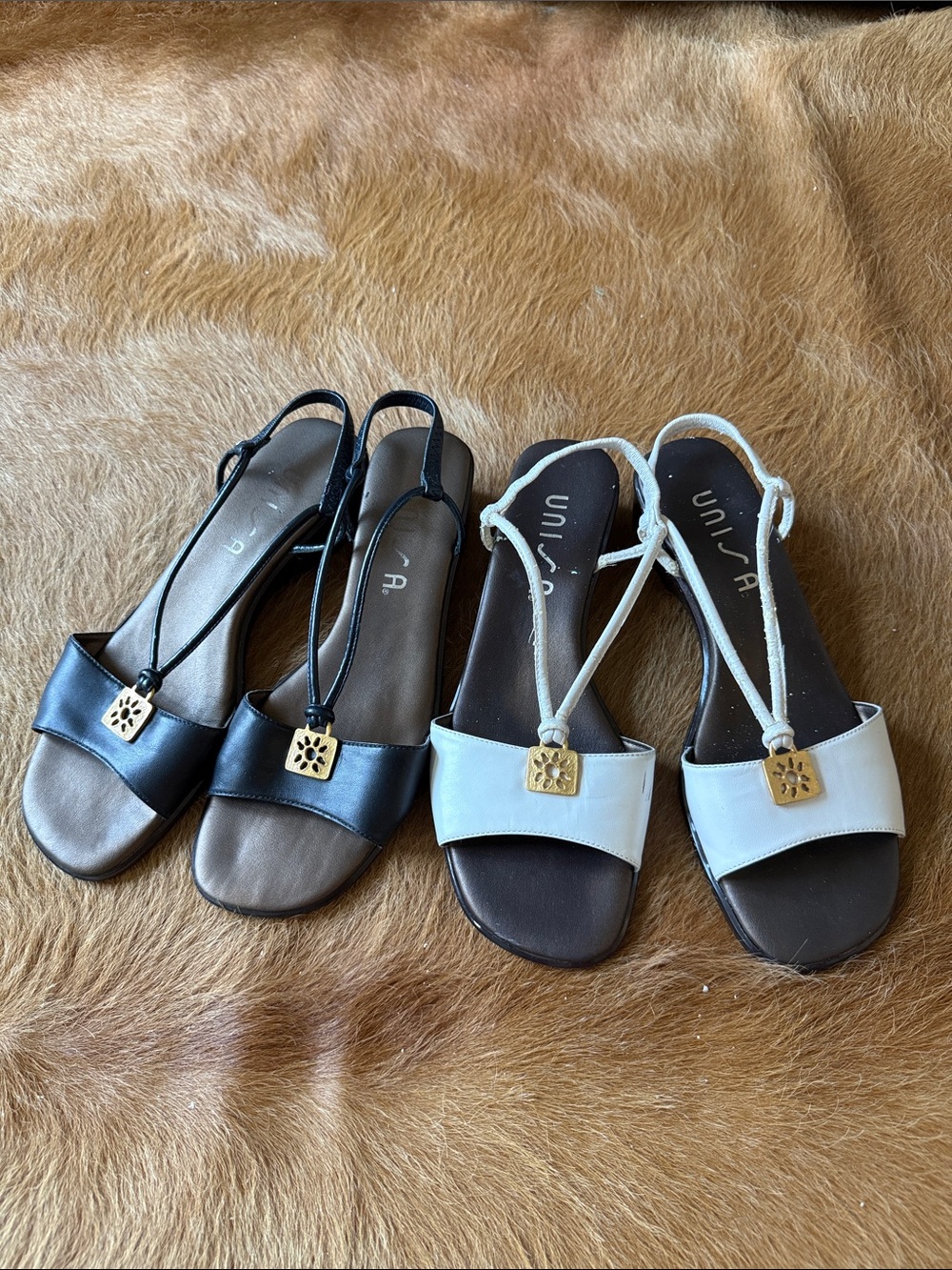 Bundle Unisa Black and White T-Strap Sandals with Gold Emblem